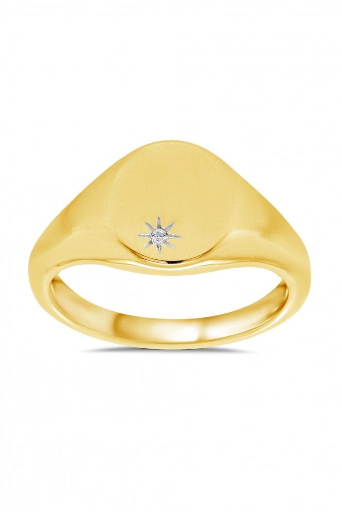 9ct Yellow Gold Oval Signet Ring Round Brilliant Diamond Set in Star Shape