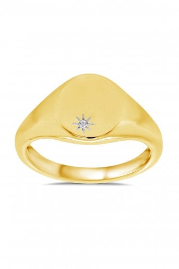 9ct Yellow Gold Oval Signet Ring Round Brilliant Diamond Set in Star Shape