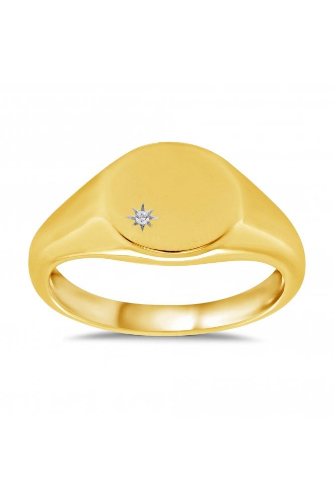 9ct Yellow Gold Round Ladies Signet Ring Round Brilliant Diamond Set in Star Shape