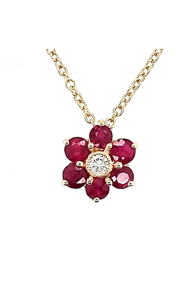 9ct Yellow Gold Ruby and Diamond Cluster Pendant Ruby 9ct Yellow Gold Claw Set