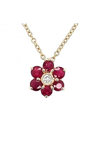 9ct Yellow Gold Ruby and Diamond Cluster Pendant Ruby 9ct Yellow Gold Claw Set