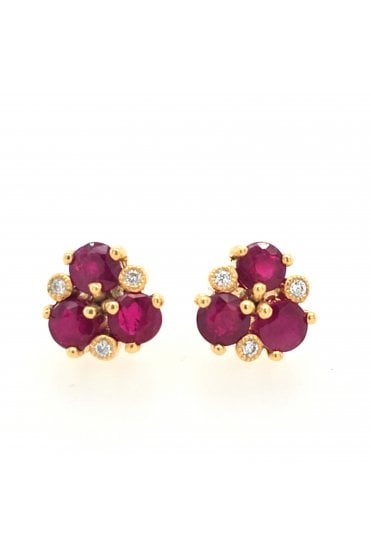 9ct Yellow Gold Ruby & Diamond Stud Earrings Ruby 9ct Yellow Gold Claw Set
