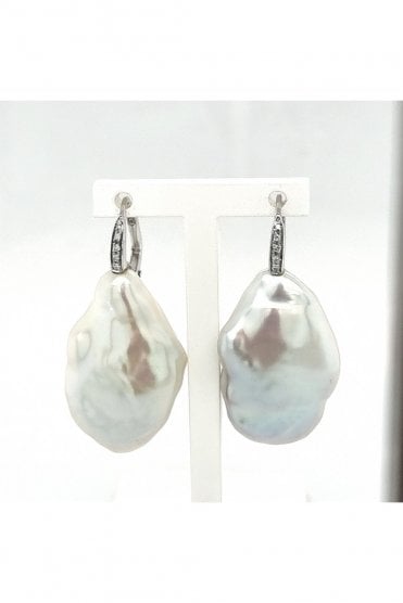 Baroque Pearl & Diamond Earrings 18ct White Gold Hook & Hinged Clip