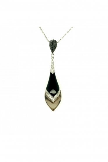 Black & White Diamond Agate & Smokey Quartz Drop Pendant 18ct White Gold Chain