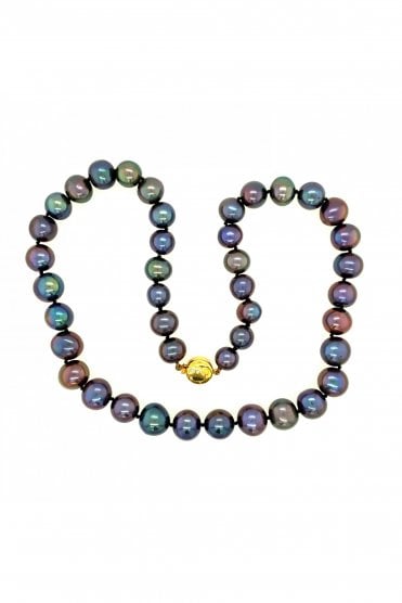 Freshwater Black Multicoloured Pearl Strand Necklace 18ct Bi Colour & Diamond Clasp