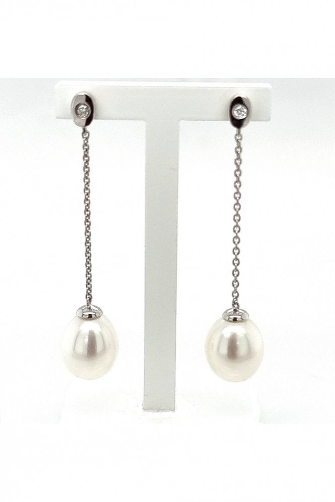 Freshwater Pearl & Diamond Drop Earrings 9ct White Gold Earring, Posts & Butterflies