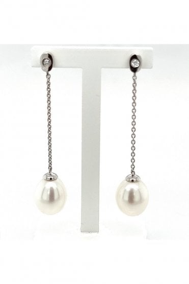 Freshwater Pearl & Diamond Drop Earrings 9ct White Gold Earring, Posts & Butterflies