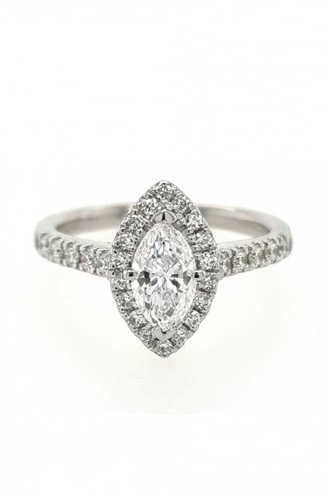 Platinum 0.70ct Halo Marq Diamond Stone Ring 28x RBC Diamond 0.39ct Halo & Shoulder Ring