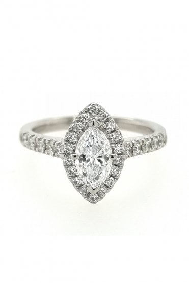 Platinum 0.70ct Halo Marq Diamond Stone Ring 28x RBC Diamond 0.39ct Halo & Shoulder Ring