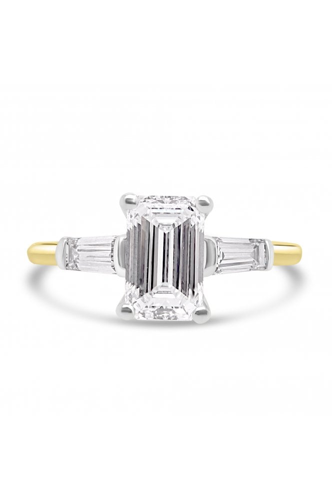 Platinum & 18ct Yellow Gold 3 Stone Diamond Ring Emerald Cut 1.20ct & Tapered Baguette 0.35ct