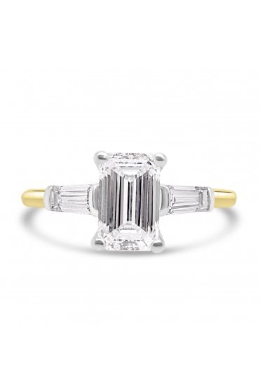 Platinum & 18ct Yellow Gold 3 Stone Diamond Ring Emerald Cut 1.20ct & Tapered Baguette 0.35ct