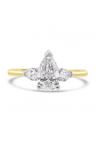 Platinum & 18ct Yellow Gold 3 Stone Diamond Ring Pear 0.73ct, 2 x Pear 0.24ct