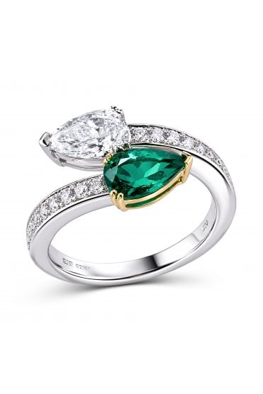 Platinum & 18ct Yellow Gold Emerald & Diamond Crossover Ring