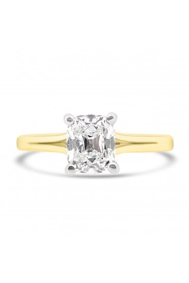 Platinum & 18ct Yellow Gold Single Stone Split Shoulder Ring Diamond Cut Cushion Old Cut 1.01ct