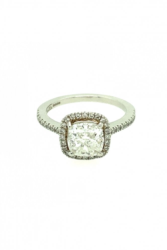 Platinum 2.03ct Cushion Cut Diamond Halo & Shoulder Ring With Round Brilliant Cut Diamond Set