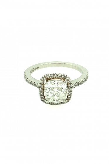 Platinum 2.03ct Cushion Cut Diamond Halo & Shoulder Ring With Round Brilliant Cut Diamond Set