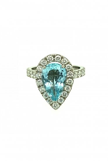 Platinum 2.32ct Pear Cut Aquamarine & Diamond Ring