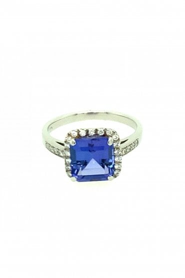 Platinum 3.15ct Princess Cut Tanzanite Round Brilliant Cut Diamond Ring