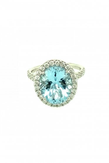 Platinum Aquamarine & Diamond Cluster Ring With Diamond Shoulders