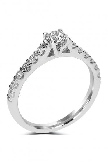 Platinum Round Brilliant Diamond Ring With Diamond Shoulders