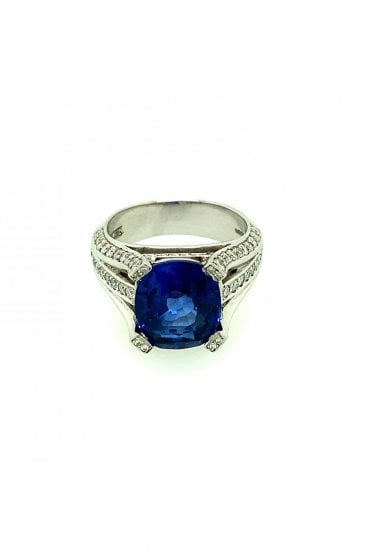 Platinum Set 5.67ct Cushion Cut Sapphire  & Multi Stone Diamond Set Shoulder Ring