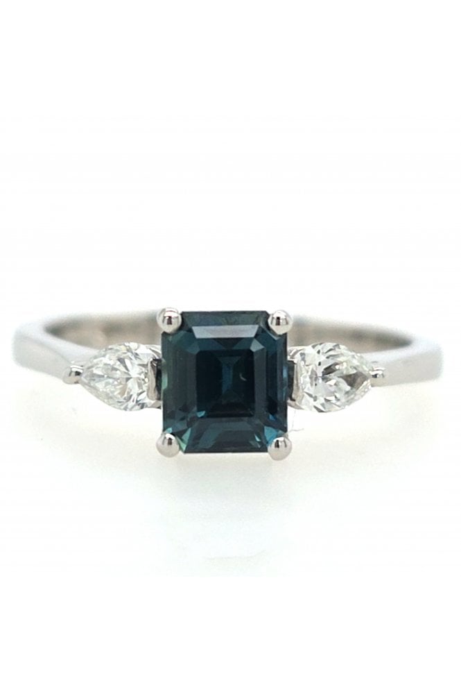 Platinum Teal Sapphire & Diamond Ring Platinum Claw Set