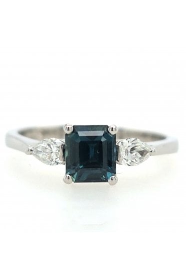 Platinum Teal Sapphire & Diamond Ring Platinum Claw Set