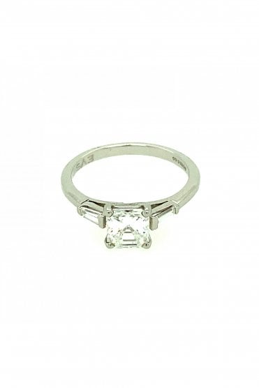 Platinum Three Stone Diamond Ring Centre Asscher & Side Baguette