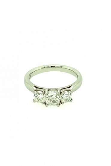 Platinum Three Stone Diamond Ring Centre Cushion Cut 0.95ct