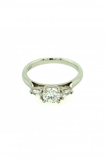 Platinum Three Stone Diamond Ring Round Brilliant & Pear Cut