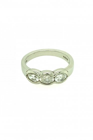  Platinum Three Stone Diamond Ring Rubover Set Oval 0.91ct