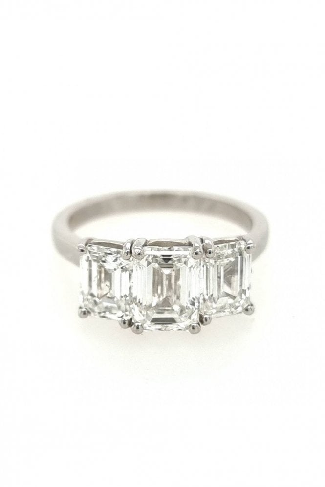 Platinum Three Stone Emerald Cut Diamond Ring Platinum Claw Set