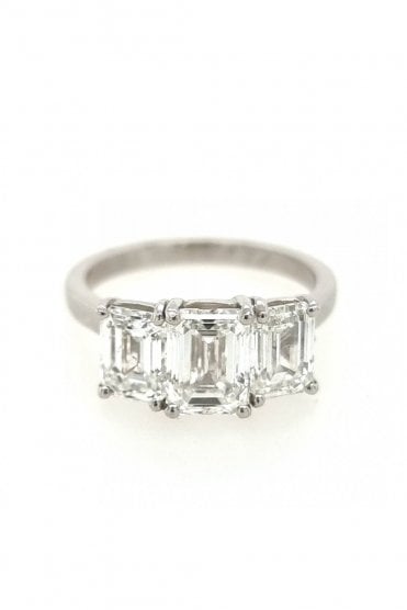 Platinum Three Stone Emerald Cut Diamond Ring Platinum Claw Set