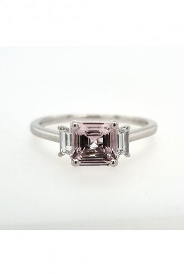 Platinum Three Stone Pink Morganite & Diamond Ring Morganite Platinum Claw Set