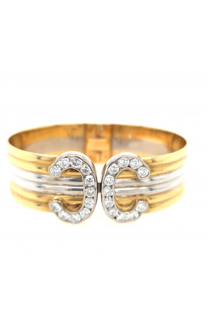Preloved 18ct Bicolour White & Yellow Gold Diamond Bangle Double C Design
