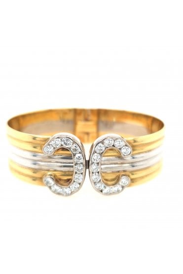 Preloved 18ct Bicolour White & Yellow Gold Diamond Bangle Double C Design