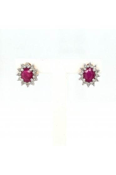  Preloved 18ct Gold Ruby & Diamond Stud Earrings 18ct White Gold Claw Set