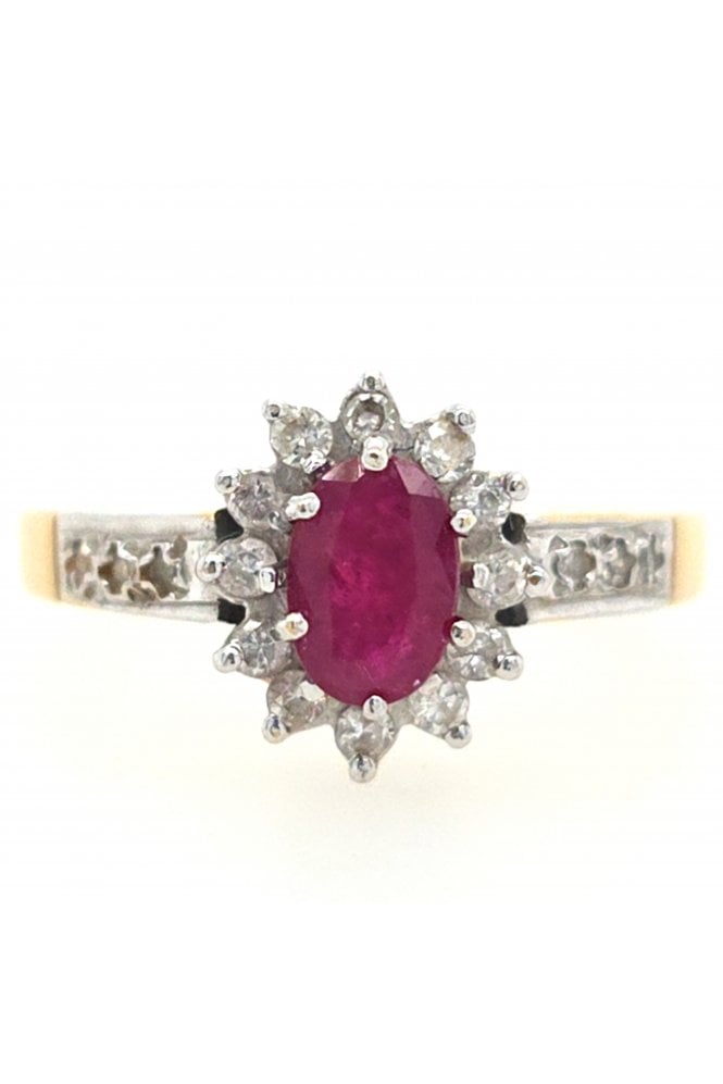 Preloved 18ct Yellow and White Gold Ruby & Diamond Cluster Ring