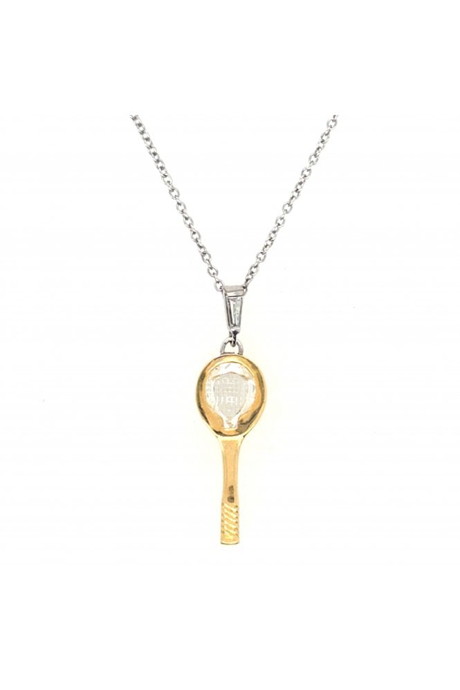 Preloved 18ct Yellow Gold Diamond Tennis Racket Pendant Diamond Rose Cut with Engraved Strings
