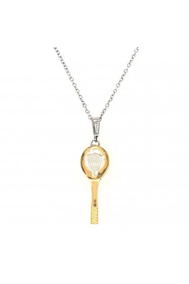 Preloved 18ct Yellow Gold Diamond Tennis Racket Pendant Diamond Rose Cut with Engraved Strings