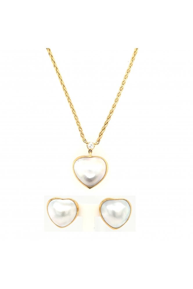 Preloved 18ct Yellow Gold Heart Shaped Mabe Pearl Pendant and Matching Earrings
