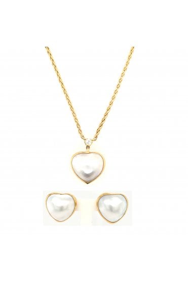 Preloved 18ct Yellow Gold Heart Shaped Mabe Pearl Pendant and Matching Earrings