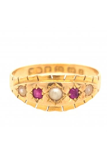 Preloved 18ct Yellow Gold Pearl and Ruby Ring 18ct Yellow Gold Claw Set