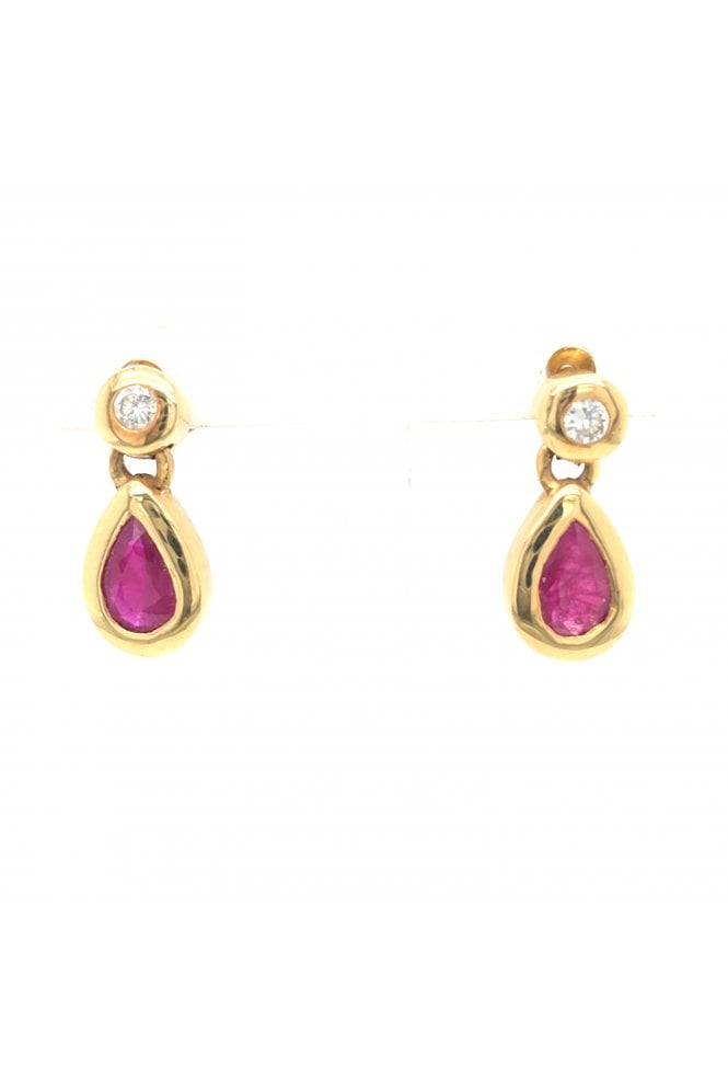 Preloved 18ct Yellow Gold Ruby and Diamond Drop Earrings