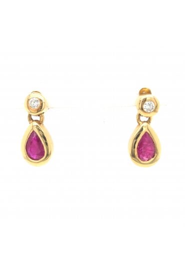 Preloved 18ct Yellow Gold Ruby and Diamond Drop Earrings