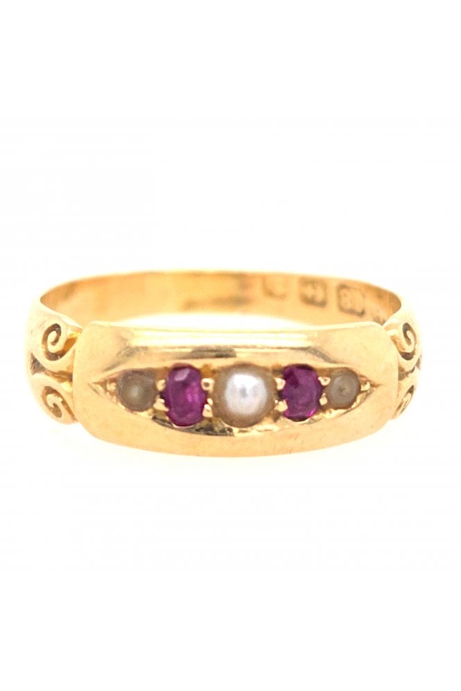 Preloved 18ct Yellow Gold Ruby and Pearl Ring 18ct Yellow Gold Claw Set