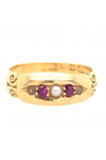 Preloved 18ct Yellow Gold Ruby and Pearl Ring 18ct Yellow Gold Claw Set