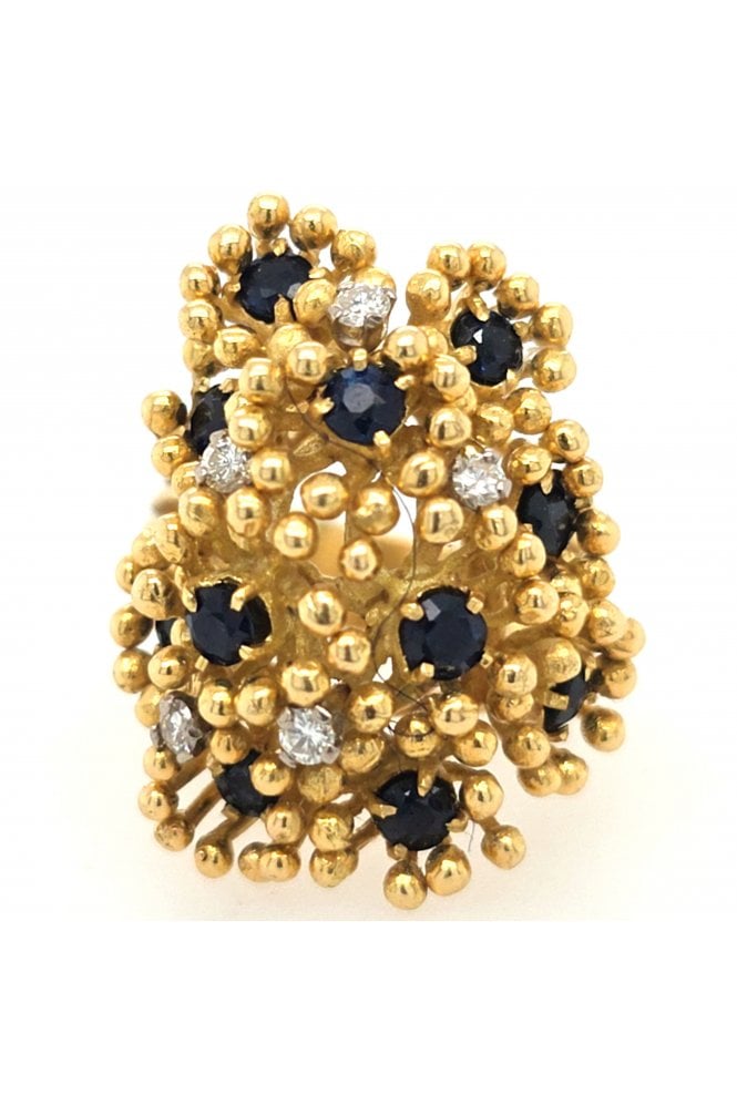 Preloved 18ct Yellow Gold Sapphire and Diamond Ring Etruscan Bead Style