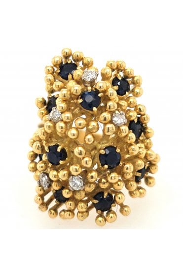 Preloved 18ct Yellow Gold Sapphire and Diamond Ring Etruscan Bead Style