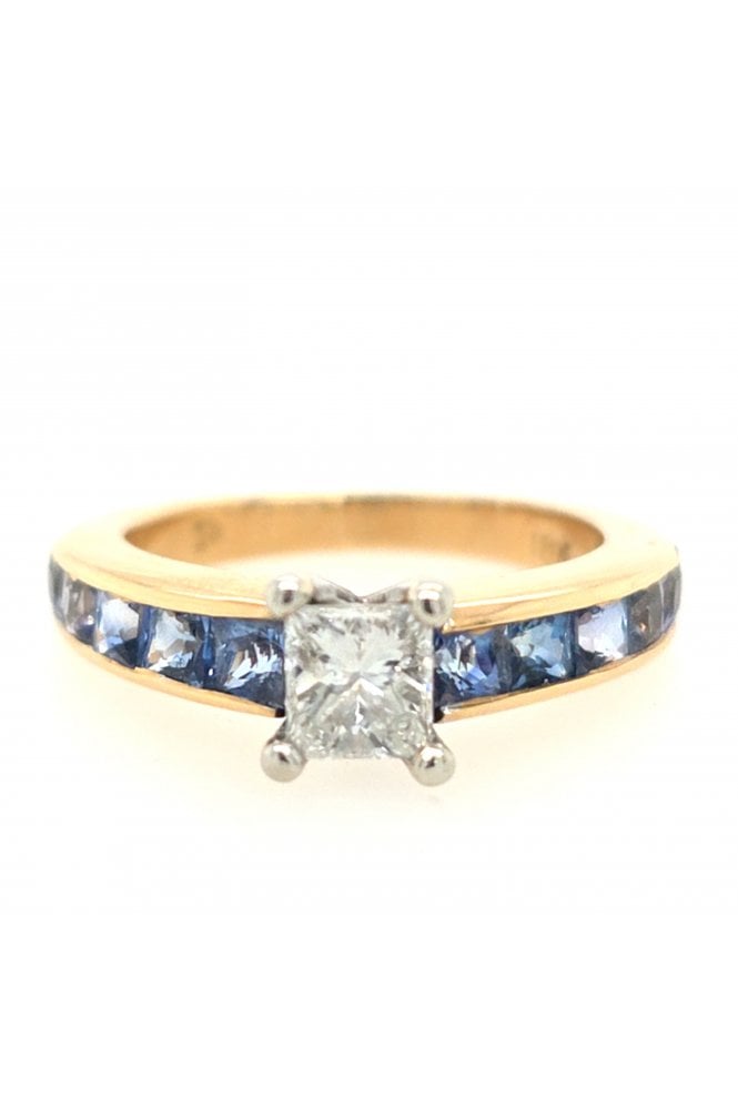 Preloved 18ct Yellow/White Gold Single Diamond & Ceylon Sapphire Ring
